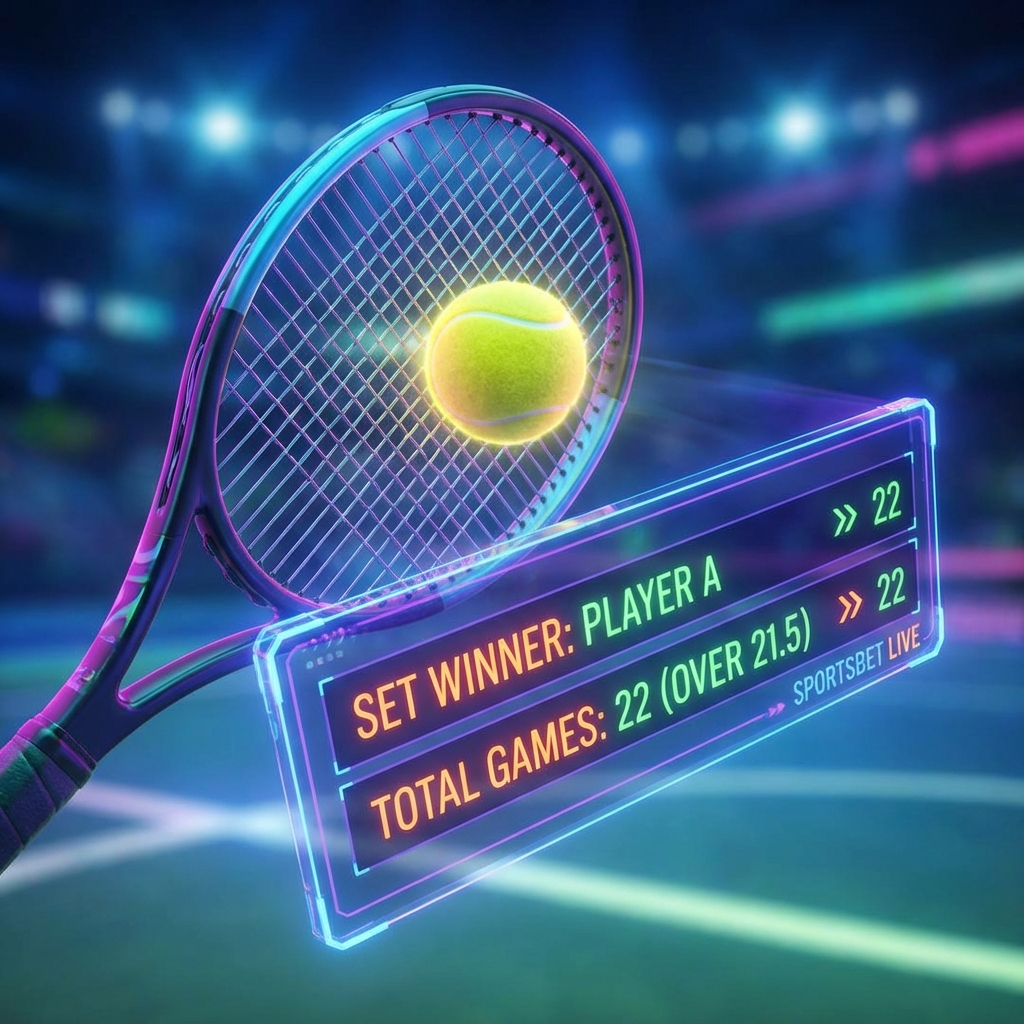 Close-up of tennis racket hitting ball with set winner betting overlay
